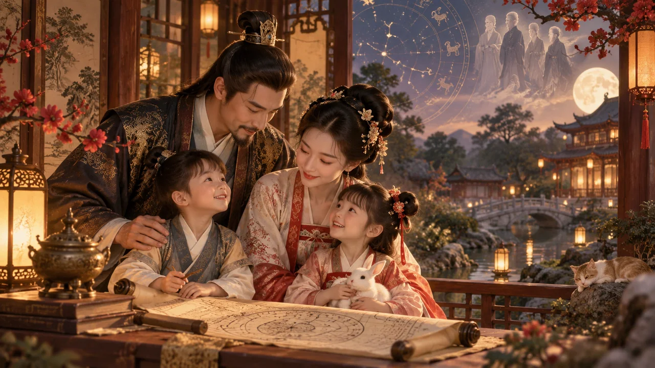 Sân nhà cổ dưới trăng, gợi hình ảnh gia đình và hậu vận trong Cung Tử Tức